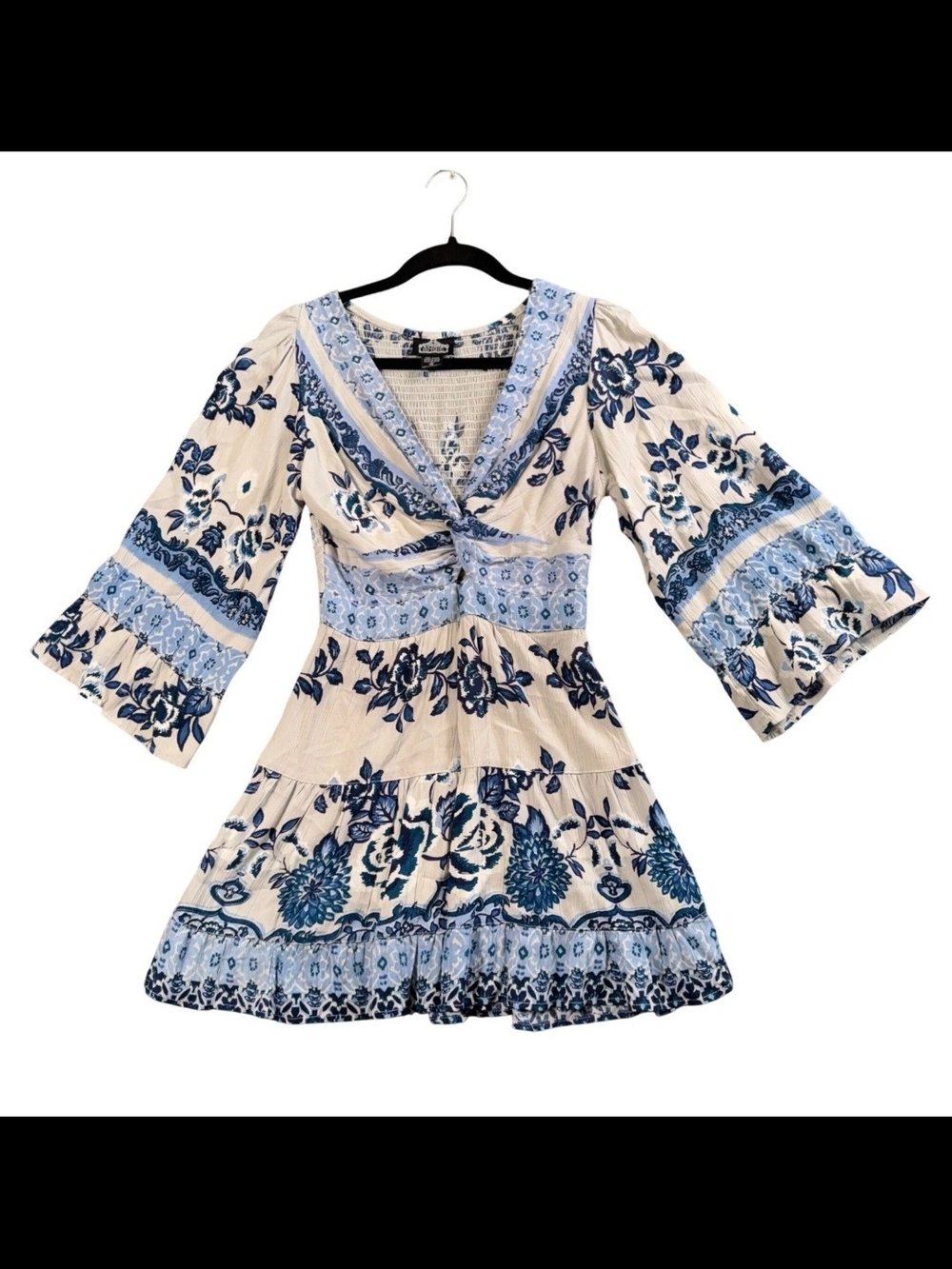 NWOT Angie Cottagecore Bohemian Blue Floral Print Mini Dress Bell Sleeves